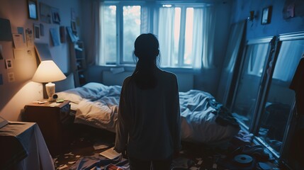 Portrait of a Woman Struggling with Depression Contemplating a Cluttered Bed in Bedroom
