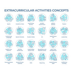Extracurricular activities soft blue concept icons. After school activities. Youth organizations. Skills development. Icon pack. Vector images. Round shape illustrations. Abstract idea
