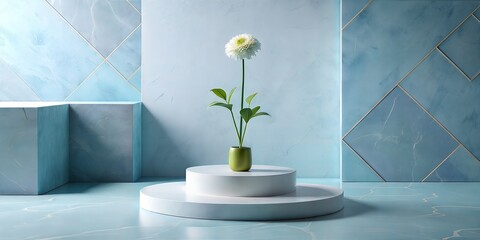 Minimalist Green Vase with Single Flower in Blue Room.