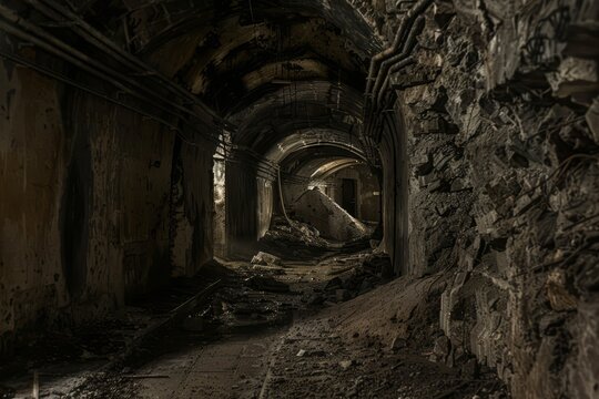 A labyrinthine network of crumbling underground tunnels, where the desperate and downtrodden eke out a living in the shadows, Generative AI