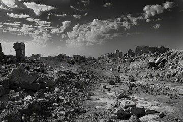 A landscape scarred by endless conflict, with war-torn cities reduced to rubble and ash, and the distant rumble, Generative AI