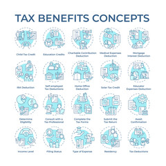 Tax benefits soft blue concept icons. Fiscal policies. Tax incentives and deduction. Refunds and reductions. Taxation. Icon pack. Vector images. Round shape illustrations. Abstract idea
