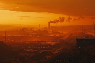 Fototapeta premium A polluted sky choked with smog, casting an eerie orange glow over a landscape scarred by industrial decay and neglect, Generative AI