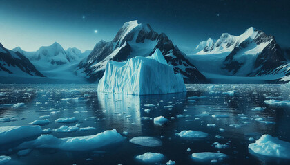Arctic iceberg mountain landscape, ice crystal on water, glacier advertisement, blue ice cold, dark sky night