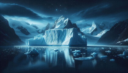 Arctic iceberg mountain landscape, ice crystal on water, glacier advertisement, blue ice cold, dark sky night