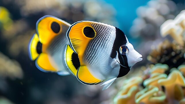The pacific double saddle butterflyfish or false furcula butterflyfish in sea