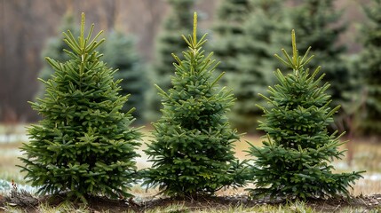 Obraz premium Three spruce in a row Tree name is dwarf alberta spruce