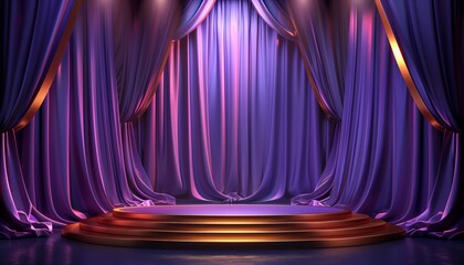 Elegant purple silk stage curtains with golden podium for award ceremony