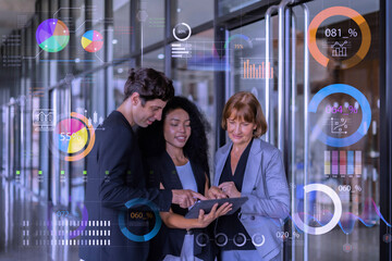 Obraz premium Group of people meeting about technology and data analysis. Digital transformation management strategy