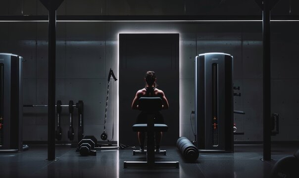 person doing back presses in the gym, surrounded by modern equipment and dark lighting, overhead shot from behind, soft ambient light creating a moody atmosphere, sleek metal machinery backdrop