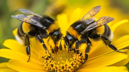 two bumblebees on a yellow flower collects pollen