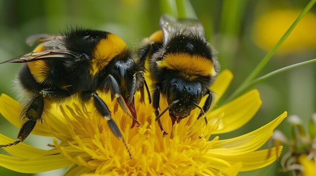 two bumblebees on a yellow flower collects pollen