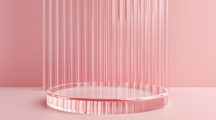 Minimalist display podium with ribbed glass on pink background