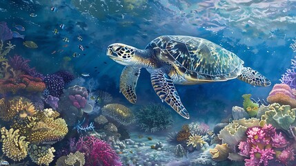 Obraz premium Underwater scene with a sea turtle calmly swimming over a patch of colorful coral