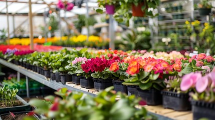 Fototapeta premium Various colorful flowers growing in plant nursery