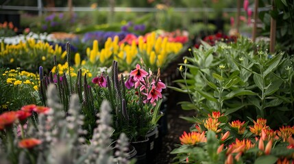 Various colorful flowers growing in plant nursery