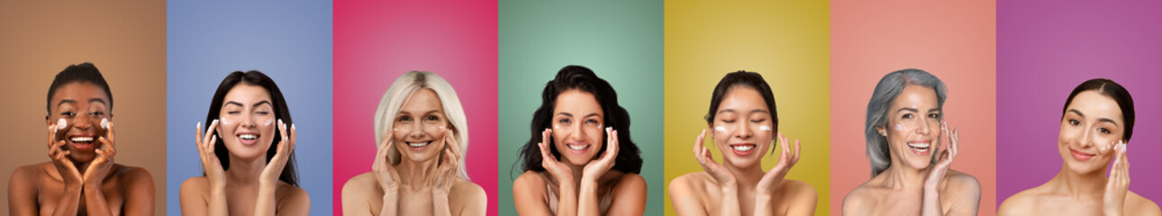 Fototapeta premium Seven multiethnic women of diverse ages stand in front of colorful backgrounds. Each woman smiles while applying facial cleanser to their faces. The women appear to be happy and confident