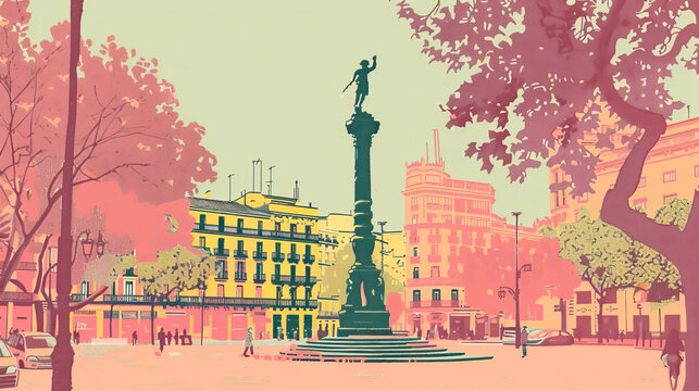 Risograph Riso Print Travel Poster, Card, Wallpaper Or Banner Illustration, Modern, Isolated, Clear And Simple Of La Rambla, Barcelona, Spain. Artistic, Screen Printing, Retro, Vintage