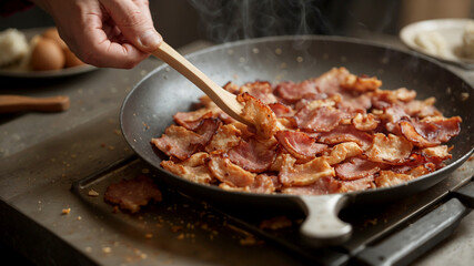 Bacon Film crispy bacon strips frying in a pan until golden and aromatic. Show the chef expertly chopping the bacon into bite-sized pieces