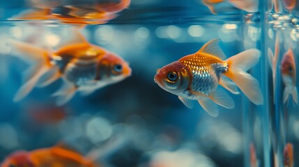 Fototapeta premium Voilehvost goldfish behind glass in a blue aquarium closeup