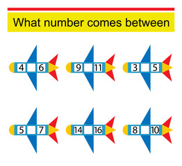 What number comes between? Math worksheets for children. Vector illustration of cartoon airplane.
