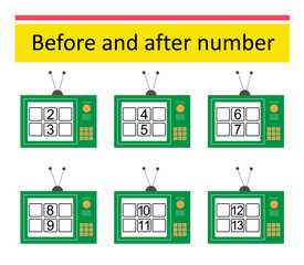 What comes Before and After. Math worksheets for kids. Number range up to 15. Vector illustration of cartoon TV retro.