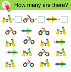 Math activity for kids. Developing numeracy skills. Cartoon motorcycle, bicycle, airplane.