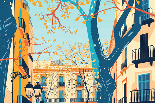 Risograph Riso Print Travel Poster, Card, Wallpaper Or Banner Illustration, Modern, Isolated, Clear And Simple Of La Rambla, Barcelona, Spain. Artistic, Screen Printing, Retro, Vintage