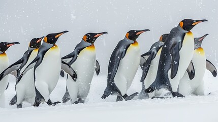 Fototapeta premium A group of King penguins, Aptenodytes patagonicus, walking across white snow