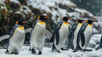 Fototapeta premium A group of King penguins, Aptenodytes patagonicus, walking across white snow