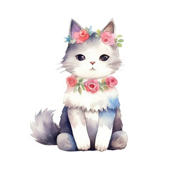 A girly cat with flower, Watercolor Ilustration vector, White background