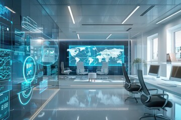 Futuristic office space with holographic interfaces displaying business analytics, representing digital transformation.