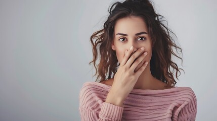 Silence and Contemplation - Woman Mysteriously Covers Mouth with Hand, Gazing Intensely Against Gray Backdrop.