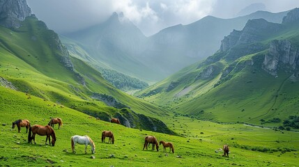 Horses Grazing in Mountain Valley