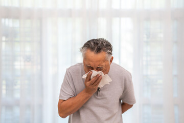 Senior asian man sneezing into a tissue, experiencing discomfort from cold or allergies, seasonal allergies, virus, flu and  sick health, wellness, senior care, and medical treatment for respiratory