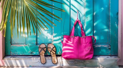 Women pink bag and sandals summer accessories