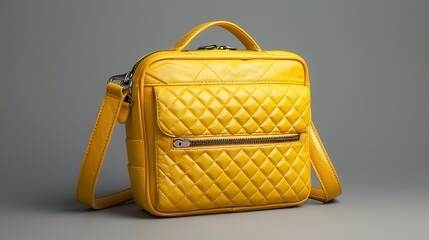 Yellow cross body quilted bag ladies bright colored handbag on gray background