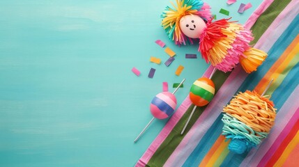 Colorful Mexican celebration props on a blue background, including a small doll, maracas, and decorations, perfect for festive occasions.