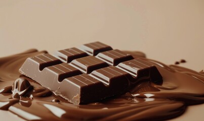 melting chocolate bar on a table, macro photography in high resolution and detail, beige background, studio lighting, professional color grading, sharp focus, copy space