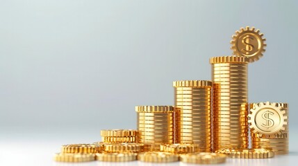 Stacked gold coins on a reflective surface with a light blue background, symbolizing wealth, savings, and financial growth.