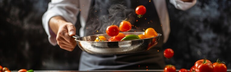 The chef's hand holds a frying pan, pouring freshly chopped peppers and cherry tomatoes onto it