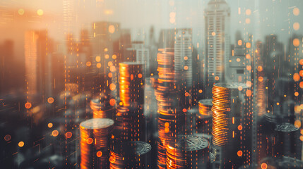 Double exposure of city, graph and rows of coins for finance and banking concept