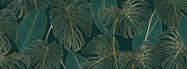 Luxury gold and green nature vector background. Floral pattern, tropical plant with golden split leaves with monstera plant line art, vector illustration. © Лилия Агапова