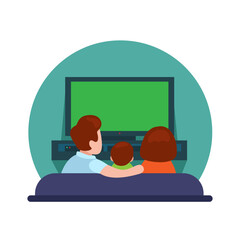 Family Watch TV From Back View Symbol Cartoon Illustration Vector