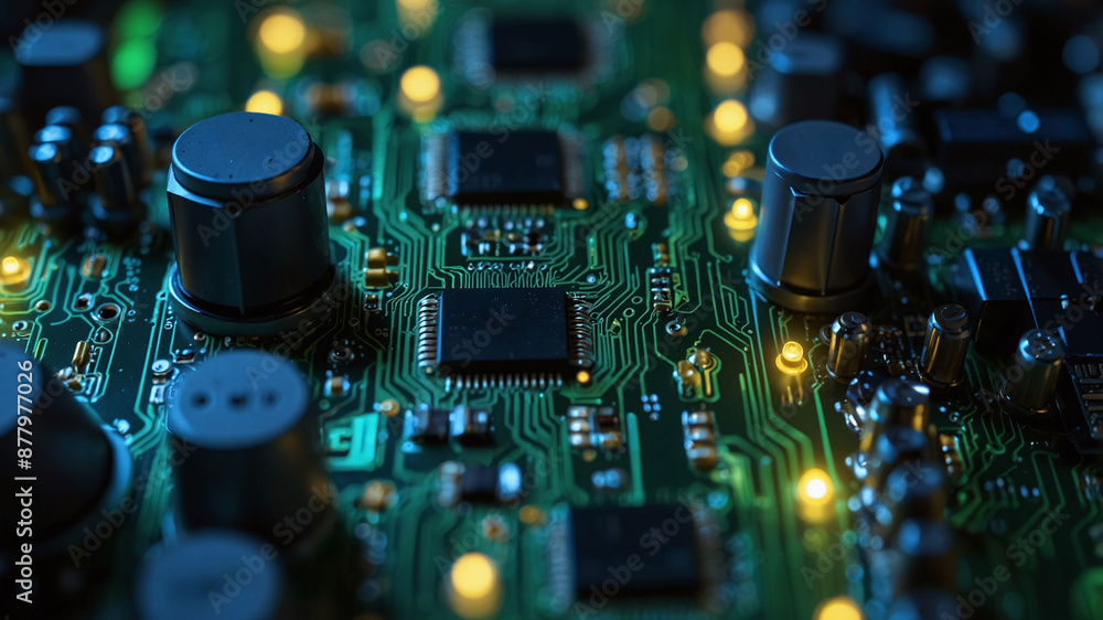 Poster close-up of electronic circuit board with glowing components and intricate circuitry