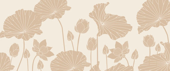 Luxury background design with golden lotus. Lotus flower line design for wallpaper, nature wall art, banner, print, invitation and packaging design. vector illustration.