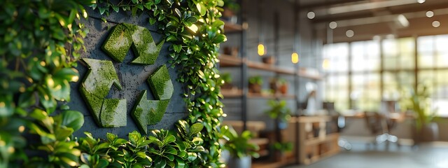  Green recycle symbol icon sign with professional environment background to represent recycling or sorting of waste at office and for working people 