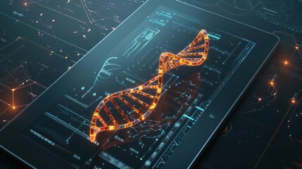 Glowing DNA strand with digital interface for chromosome analysis on a sleek tablet screen. Medicine and genetics theme.