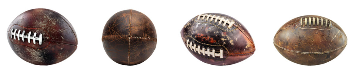 Set of leather American football balls, banner design. Football equipment, Rugby balls set, isolated on transparent or white background, png