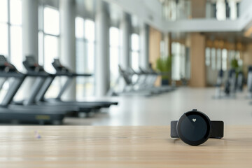 Fototapeta premium A smart watch sits on a wooden table in a gym